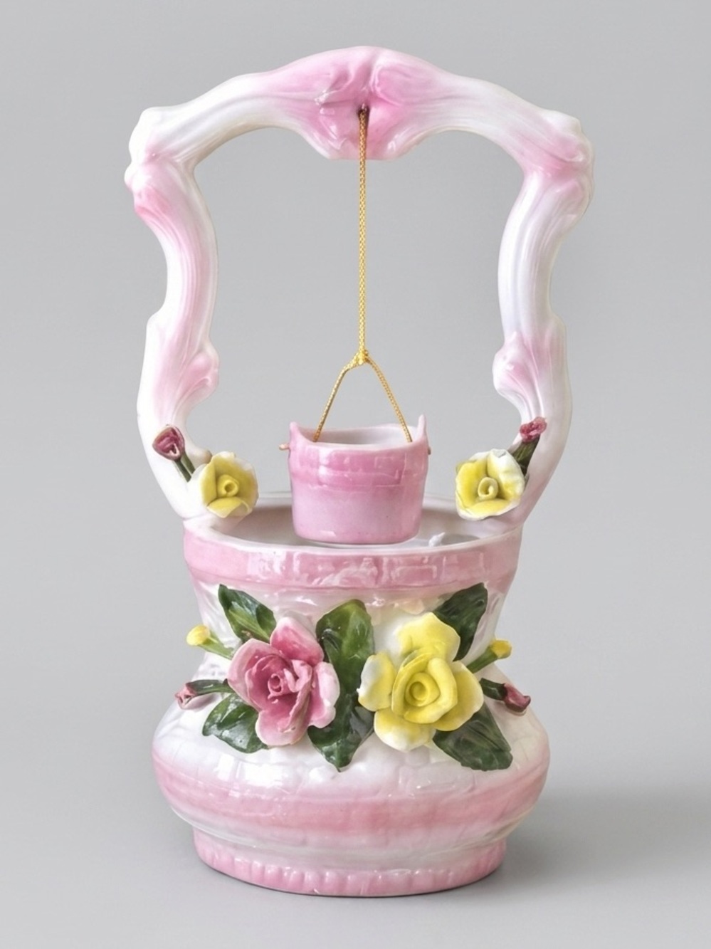 Vintage Iridescent Porcelain Floral Wishing Well Planter Figurine Made in Taiwan